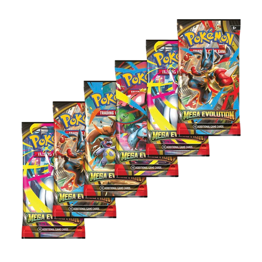 6 Pokémon Mega Evolution trading card game packs.