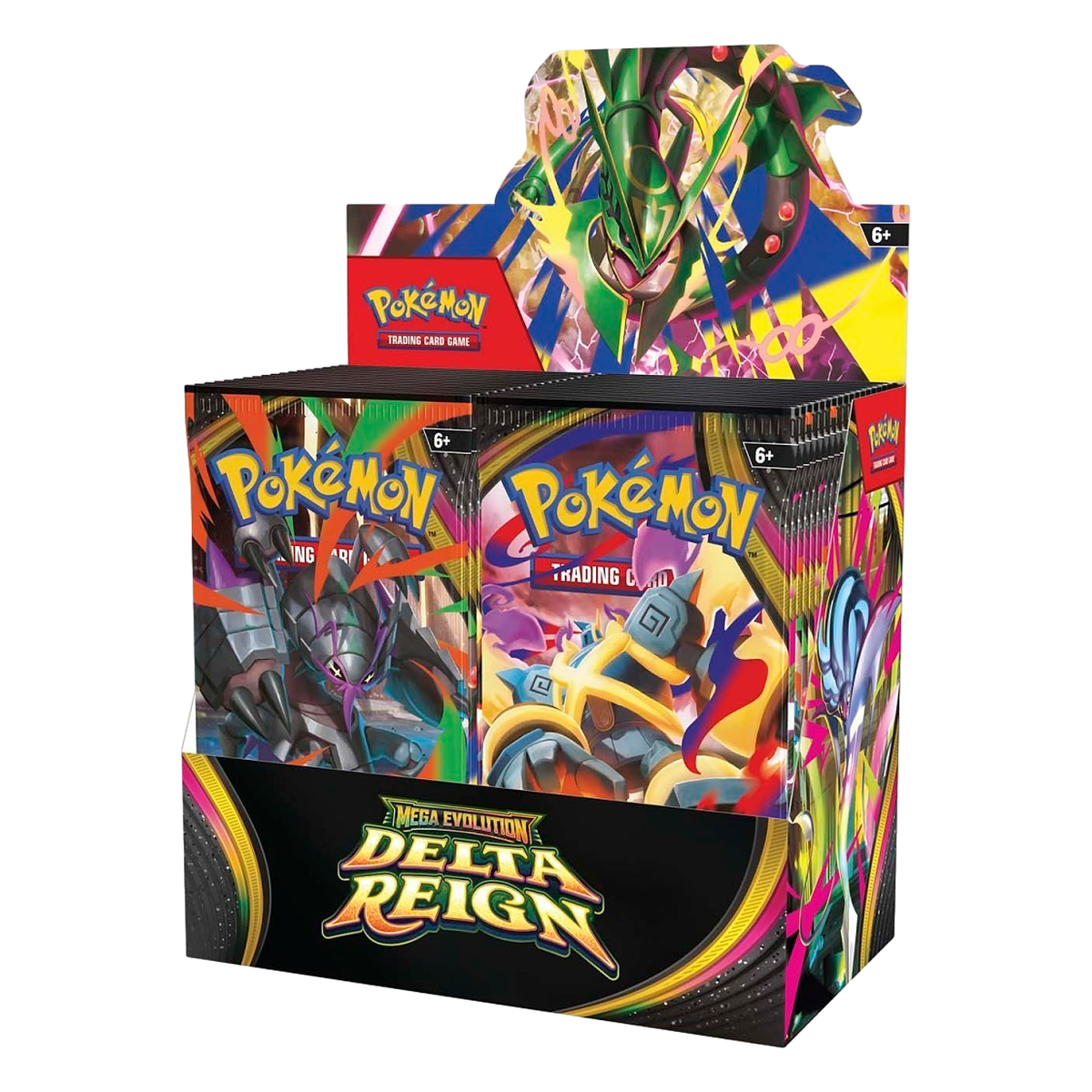 Pokémon Delta Reign Booster Box display with 36 sealed booster packs and Mega Rayquaza header art
