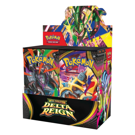 Pokémon Delta Reign Booster Box display with 36 sealed booster packs and Mega Rayquaza header art