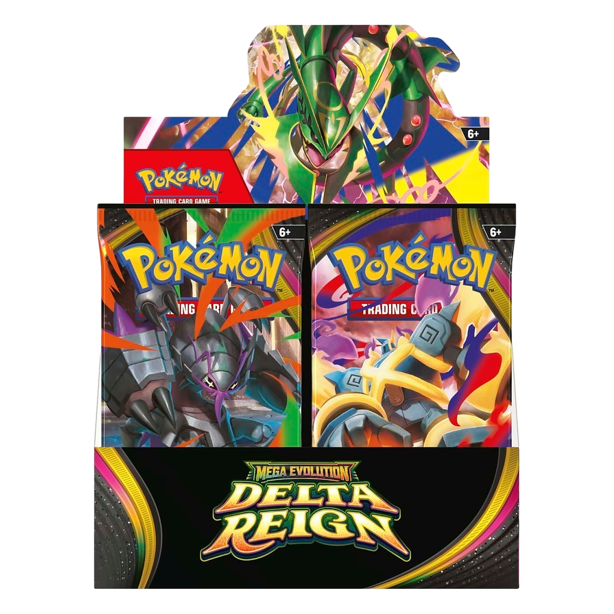 Front of the Pokémon Delta Reign Booster Box display showing the booster packs and the Delta Reign logo