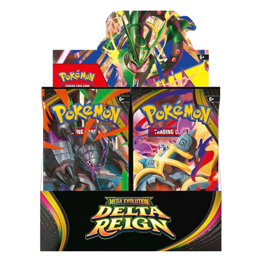 Front of the Pokémon Delta Reign Booster Box display showing the booster packs and the Delta Reign logo