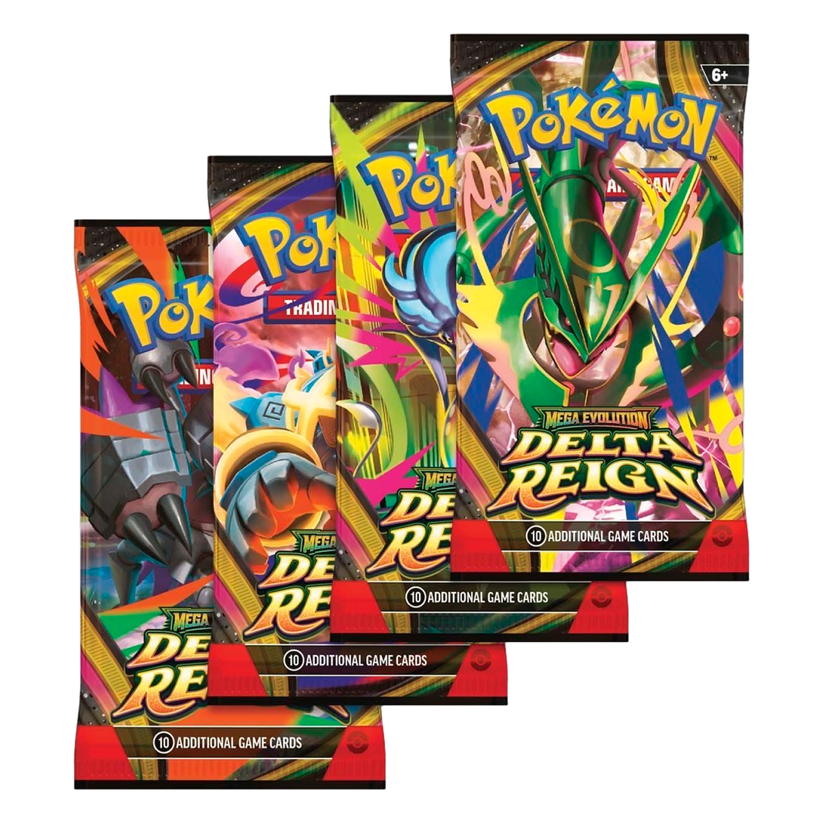 The four Pokémon Delta Reign booster pack artworks, featuring Mega Rayquaza, Mega Malamar, Mega Golurk and Mega Golisopod