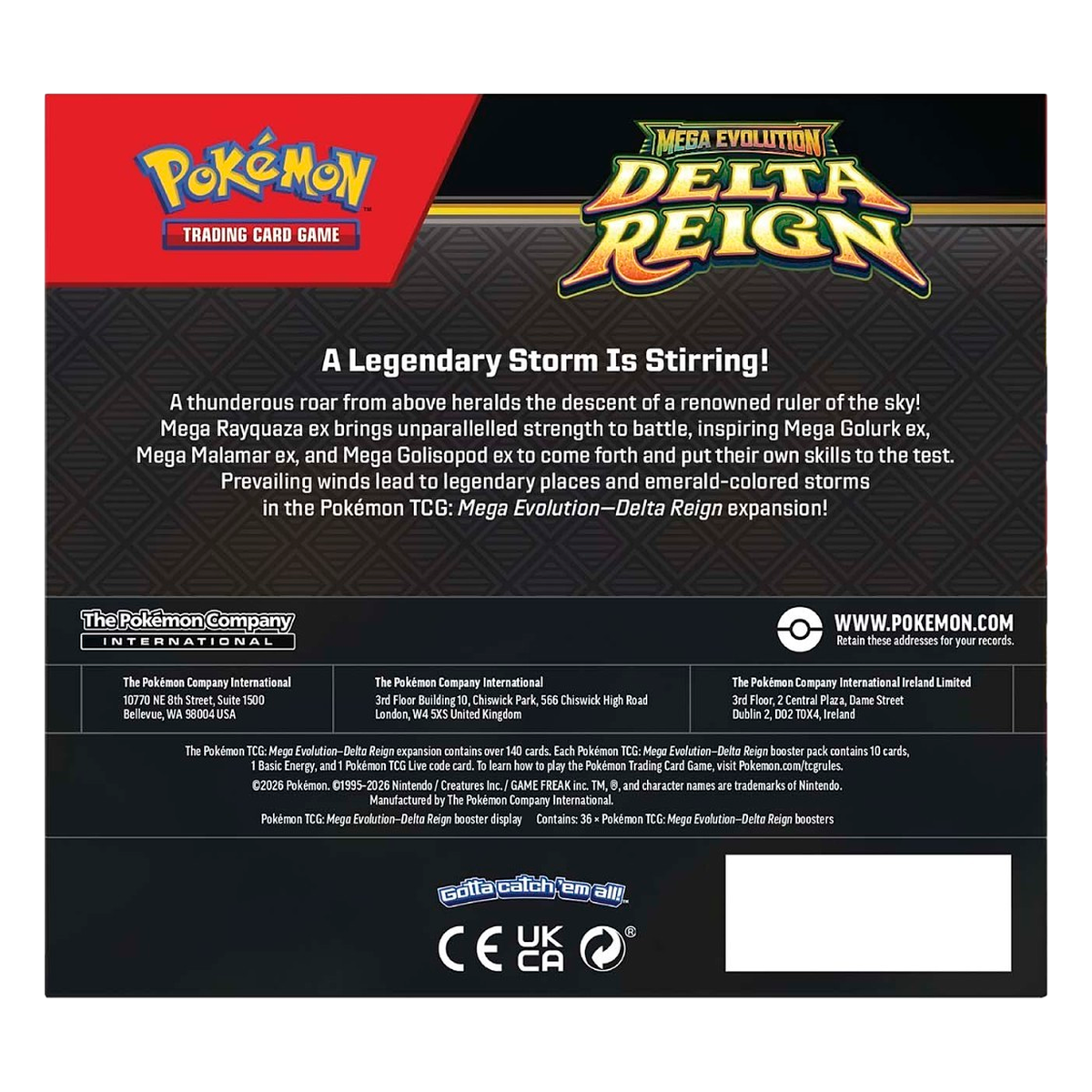 Back of the Pokémon Delta Reign Booster Box display with the set description and contents