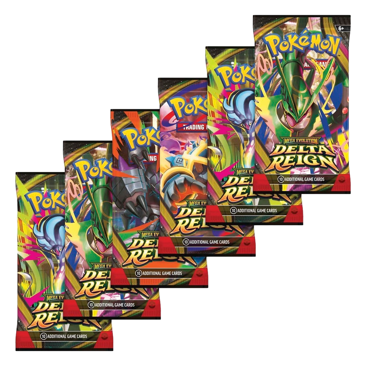 Six Pokémon Delta Reign booster packs from the Booster Bundle, featuring Mega Rayquaza, Mega Malamar, Mega Golurk and Mega Golisopod