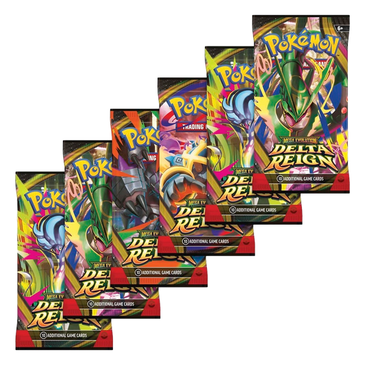 Six Pokémon Delta Reign booster packs from the Booster Bundle, featuring Mega Rayquaza, Mega Malamar, Mega Golurk and Mega Golisopod