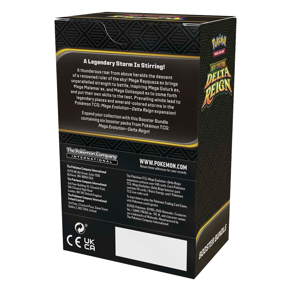 Back of the Pokémon Delta Reign Booster Bundle box with the set description