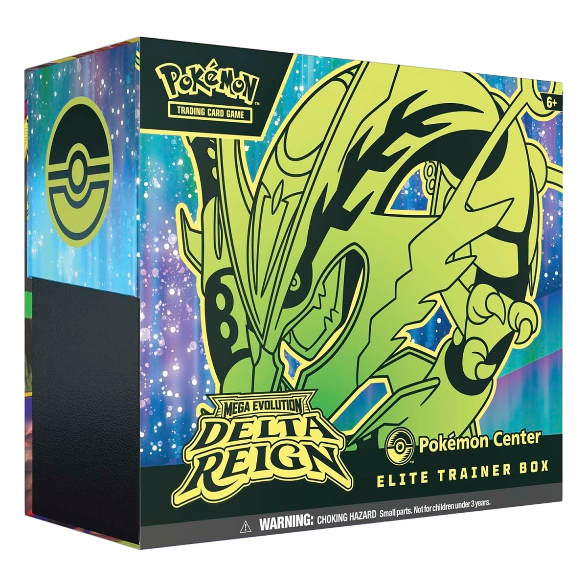 Pokémon Delta Reign Pokémon Center Elite Trainer Box with lime Mega Rayquaza artwork on an aurora starfield lid