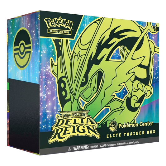 Pokémon Delta Reign Pokémon Center Elite Trainer Box with lime Mega Rayquaza artwork on an aurora starfield lid