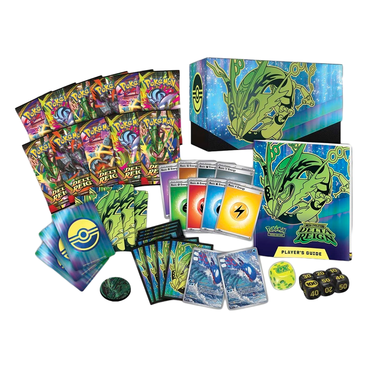 Full contents of the Pokémon Delta Reign Pokémon Center Elite Trainer Box, including 11 booster packs, two Kyogre promos, sleeves, dice and the player's guide