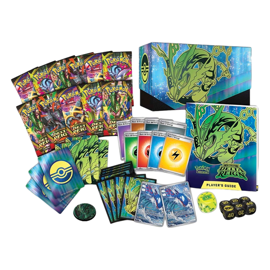 Full contents of the Pokémon Delta Reign Pokémon Center Elite Trainer Box, including 11 booster packs, two Kyogre promos, sleeves, dice and the player's guide