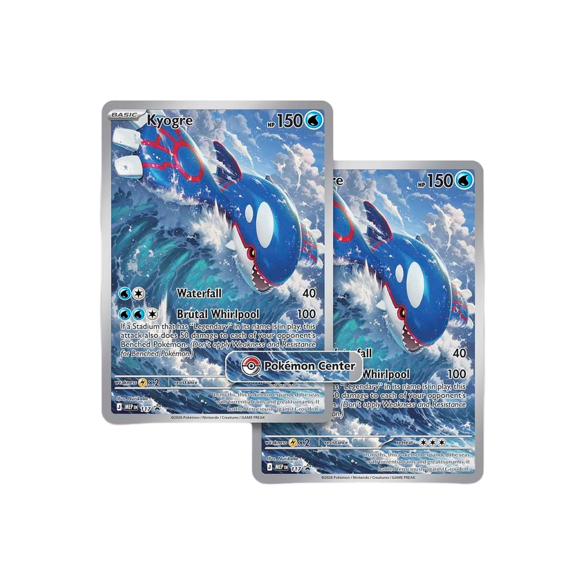 Two full-art Kyogre promo cards from the Pokémon Delta Reign Pokémon Center Elite Trainer Box, one stamped with the Pokémon Center logo