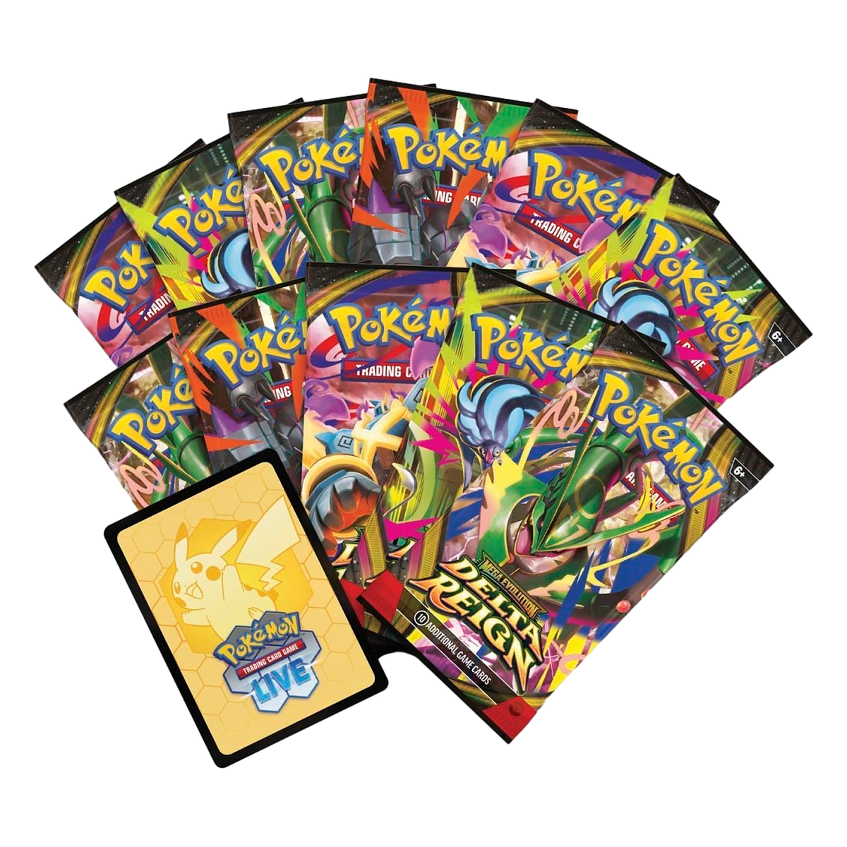 Eleven Pokémon Delta Reign booster packs and the Pokémon TCG Live code card from the Pokémon Center Elite Trainer Box
