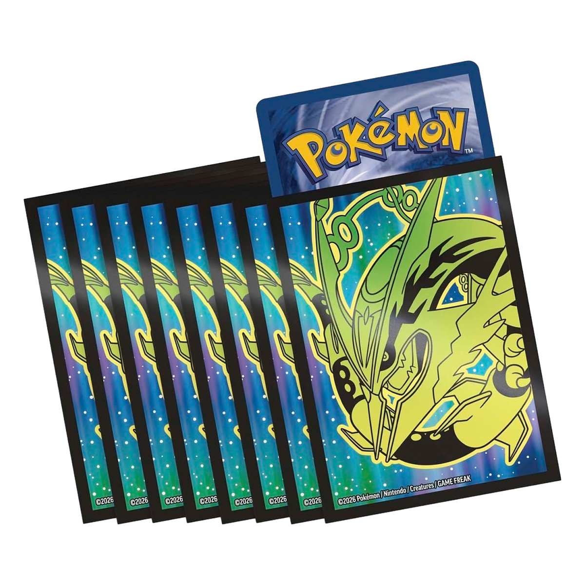 Delta Reign card sleeves with lime Mega Rayquaza line art on an aurora starfield, 65 in the box