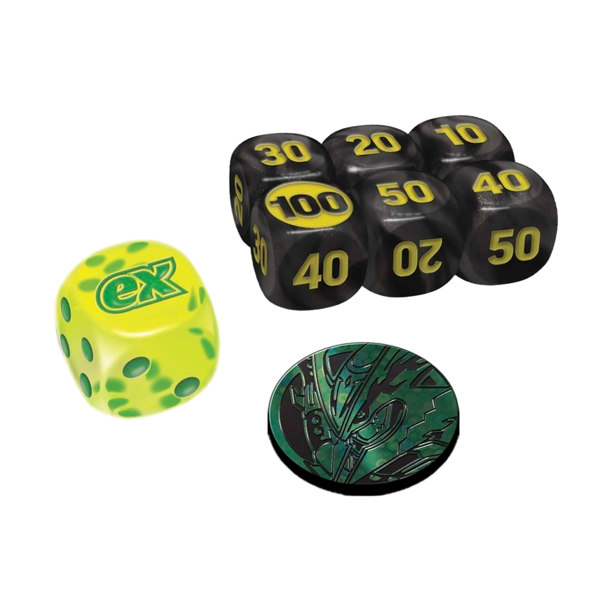 Six black damage-counter dice, the ex coin-flip die and the Mega Rayquaza coin from the Delta Reign Elite Trainer Box