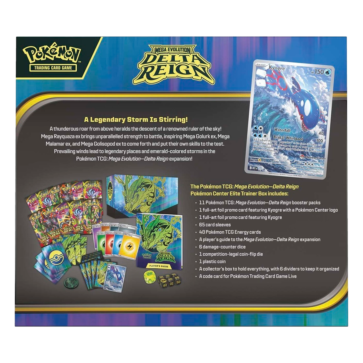 Back of the Pokémon Delta Reign Pokémon Center Elite Trainer Box showing the contents list and the Pokémon Center stamped Kyogre promo card