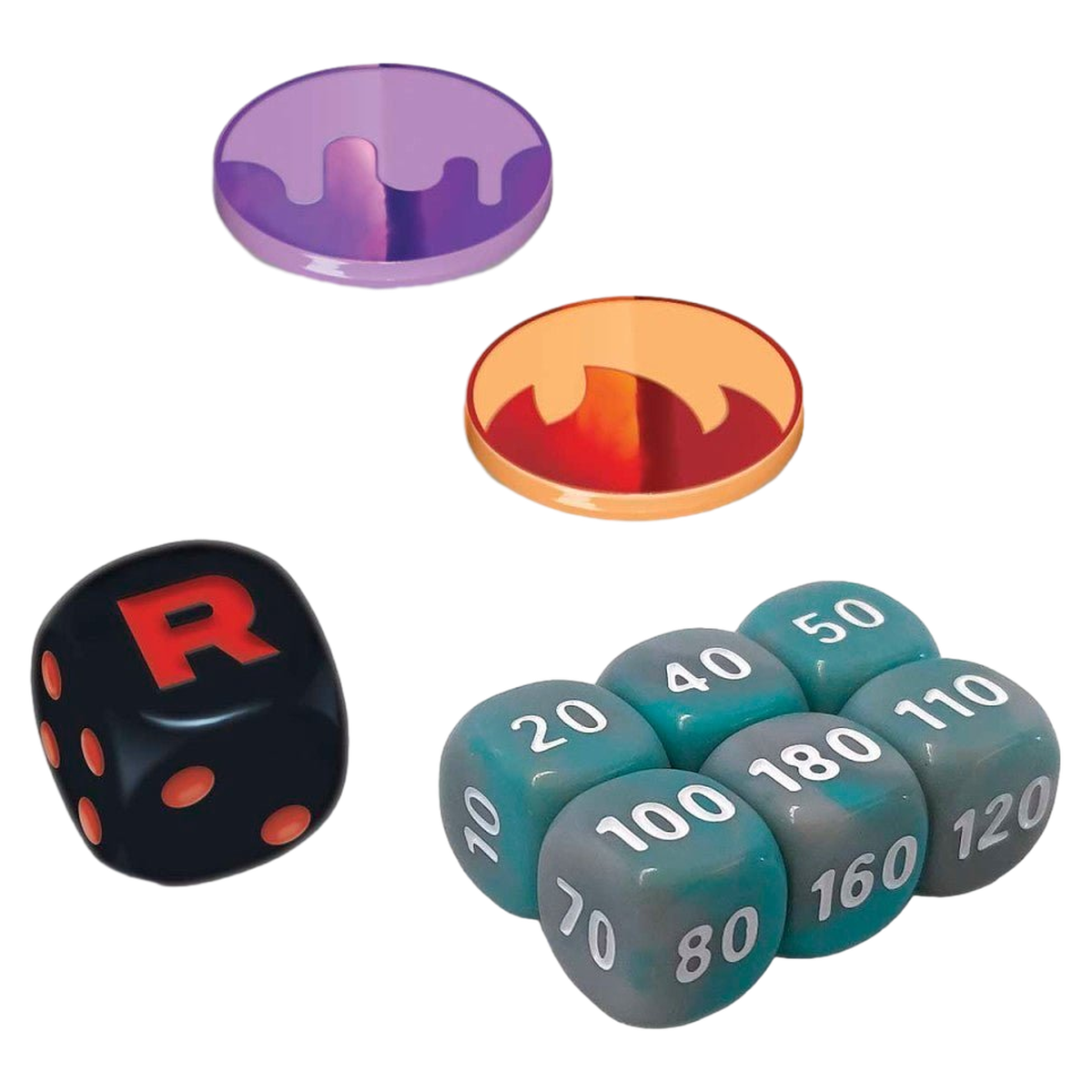Pokemon Destined Rivals ETB damage counter dice coin flip die and two acrylic condition markers