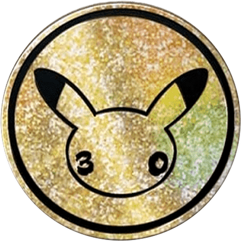 Pokémon 30th Celebration Elite Trainer Box coin with the 30th anniversary Pikachu