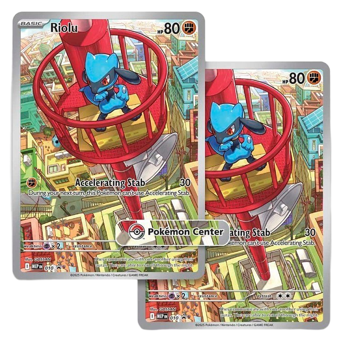Two pokemon mega evolutions promo trading cards from the ETB featuring a riolu.