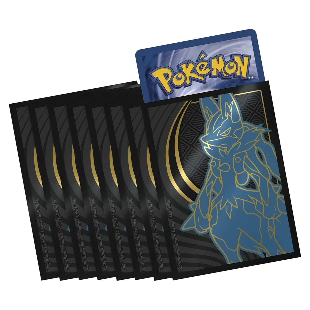 Pokémon mega evolution trading card sleeves with a lucario illustration on the back.
