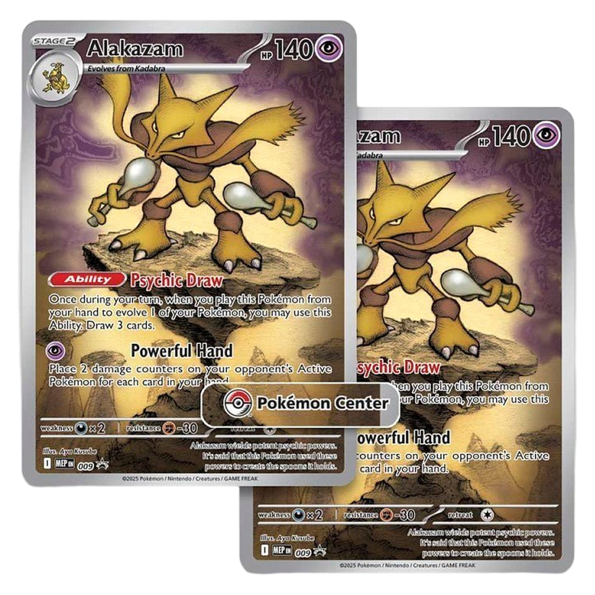 Two Alakazam trading promo cards from a Pokémon mega evolutions etb.