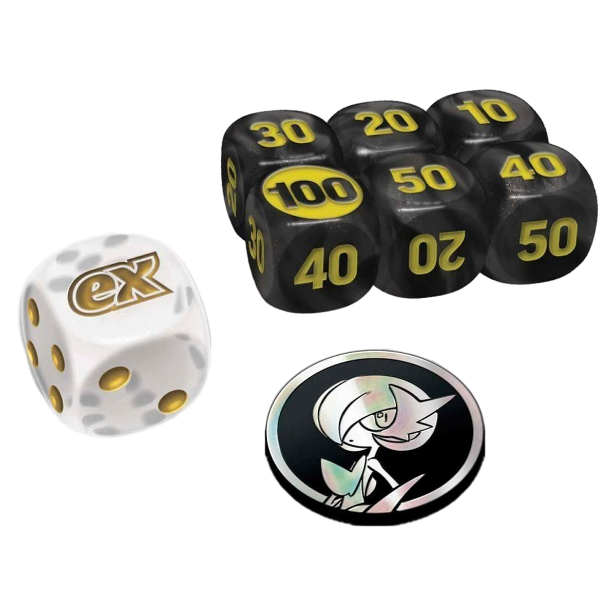 Set of pokemon mega evolutions dice with numbers and a white die with 'ex' logo.