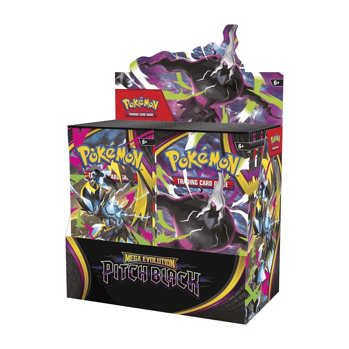 Pokemon Pitch Black Booster Box display with 36 sealed booster packs and Mega Darkrai pack art