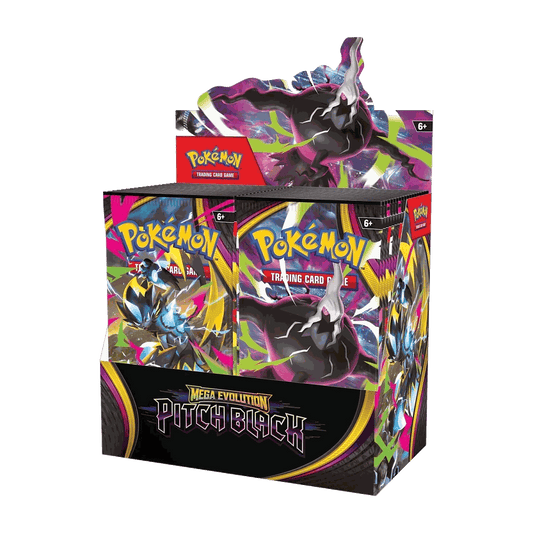 Pokemon Pitch Black Booster Box display with 36 sealed booster packs and Mega Darkrai pack art