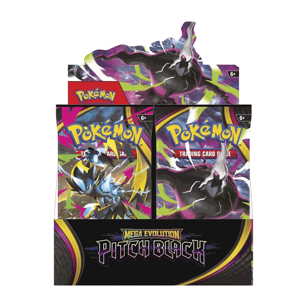 Pokemon Pitch Black Booster Box front view showing Mega Zeraora and Mega Darkrai booster packs