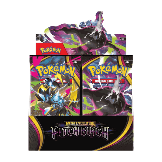 Pokemon Pitch Black Booster Box front view showing Mega Zeraora and Mega Darkrai booster packs