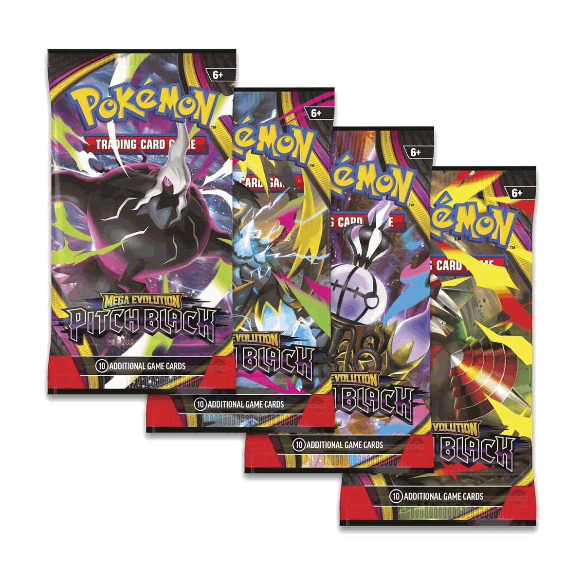 Four Pokemon Pitch Black booster pack artworks Mega Darkrai Mega Zeraora Mega Chandelure and Mega Excadrill