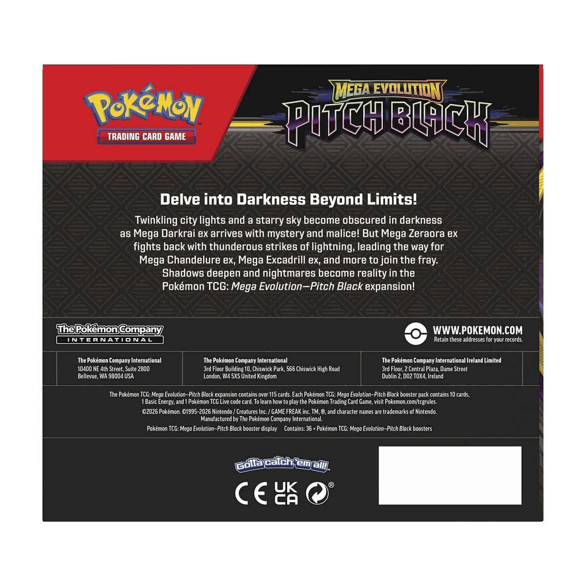Back of Pokemon Pitch Black Booster Box with set description and pack contents details