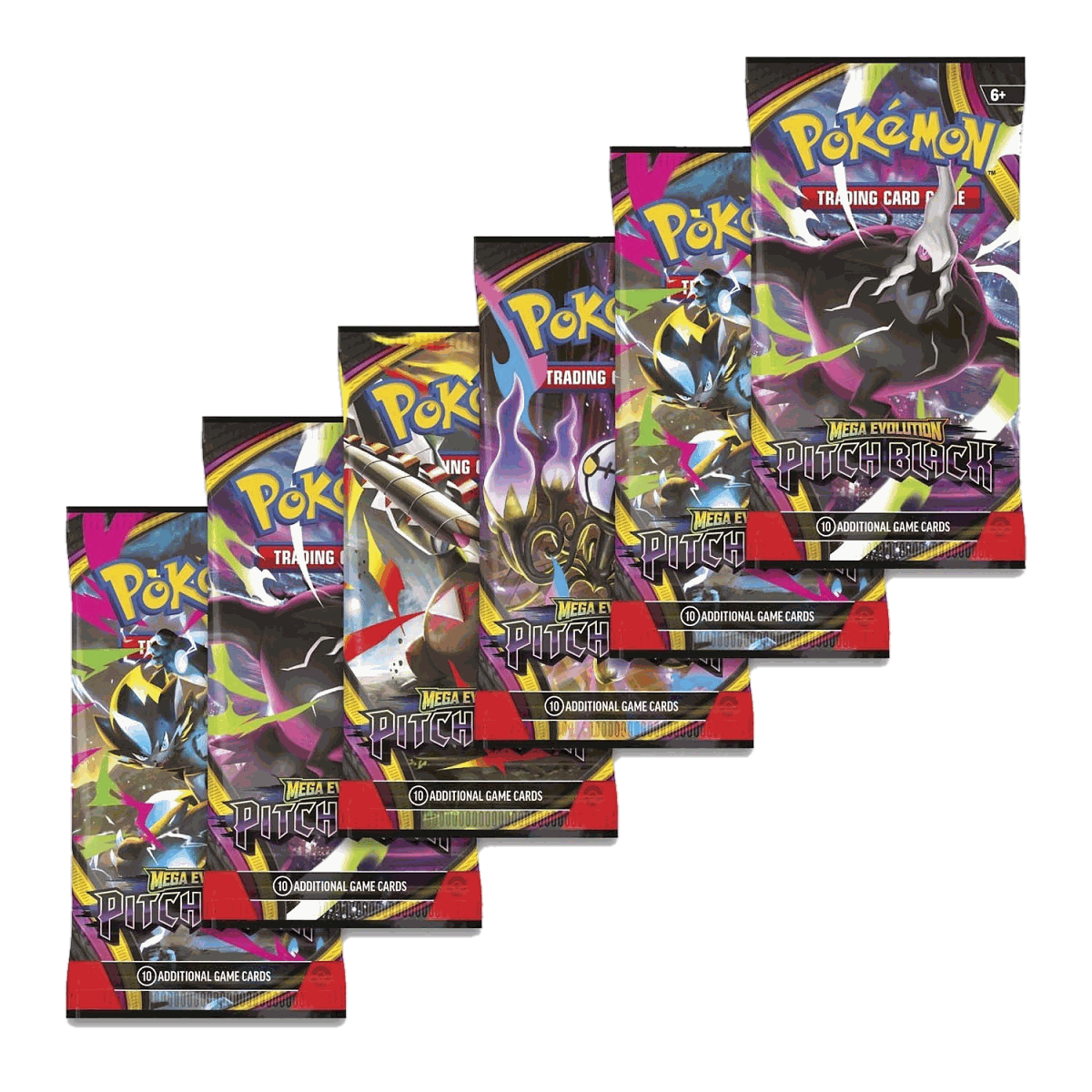 Six Pokemon Pitch Black booster packs fanned out showing all four pack artworks