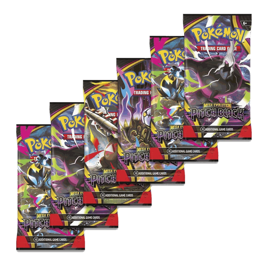 Six Pokemon Pitch Black booster packs fanned out showing all four pack artworks