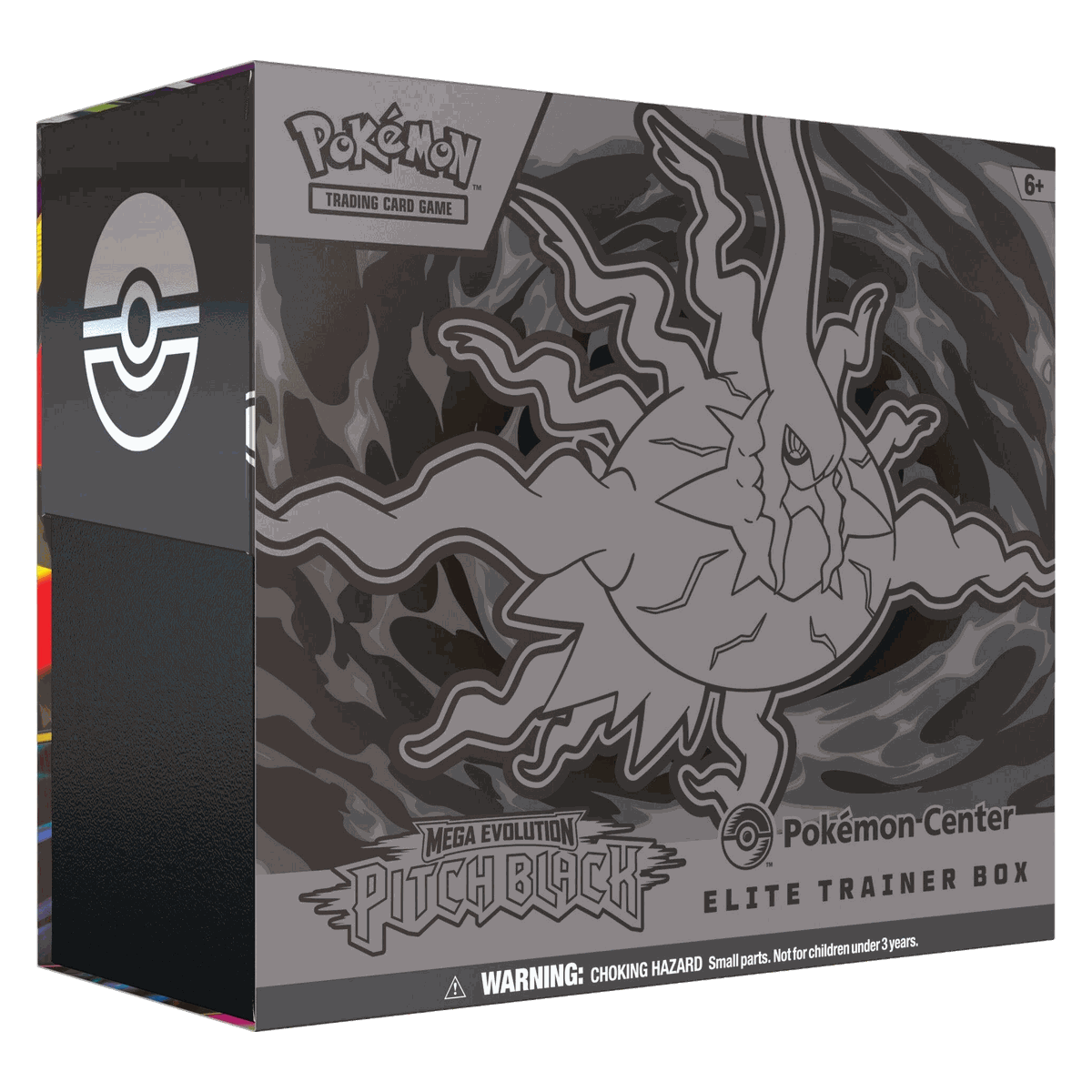 Pokemon Pitch Black Elite Trainer Box front with silver Mega Darkrai artwork and Pokemon Center logo