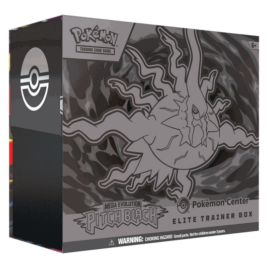 Pokemon Pitch Black Elite Trainer Box front with silver Mega Darkrai artwork and Pokemon Center logo