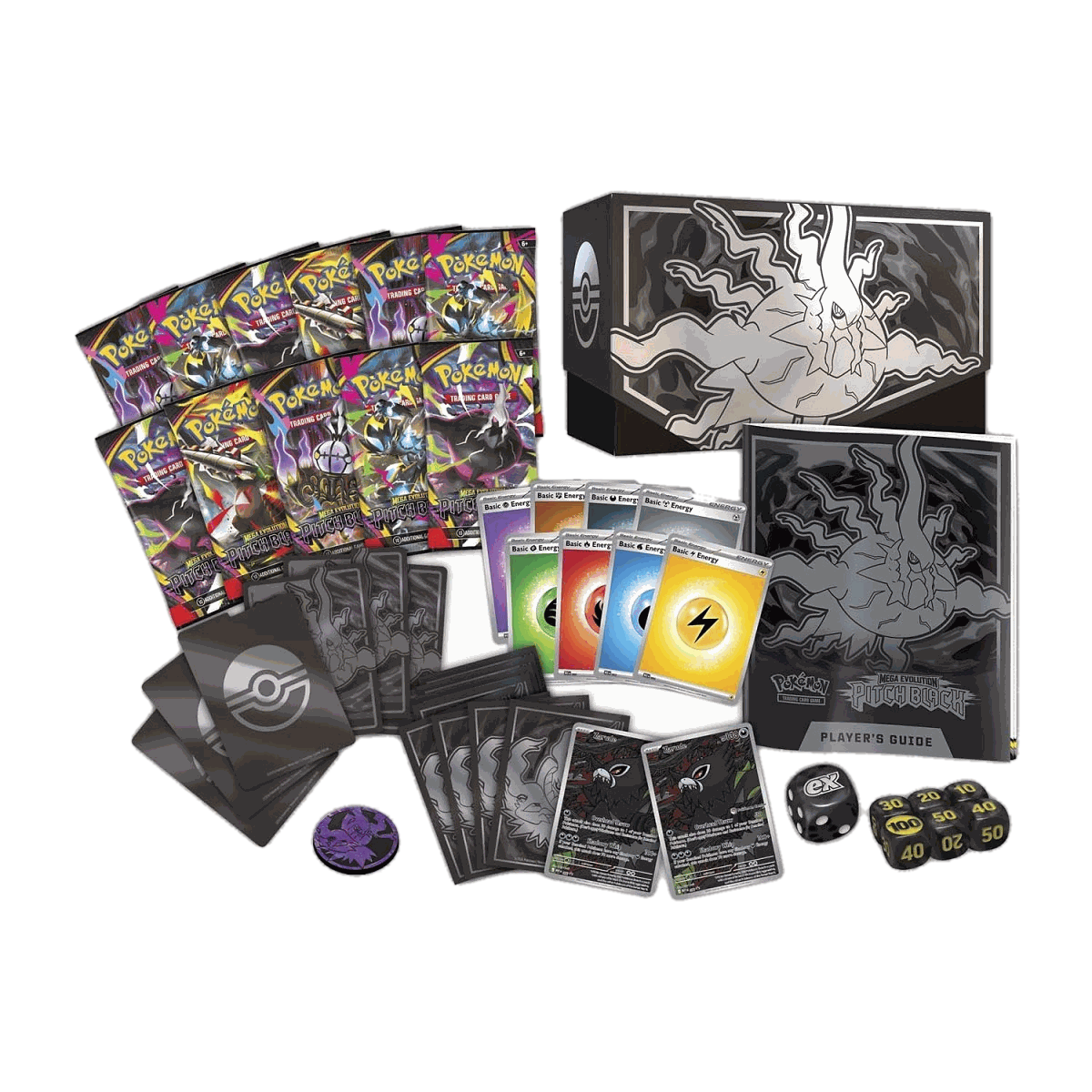 Pokemon Pitch Black Pokemon Center ETB full contents including 11 booster packs Energy cards sleeves dice promos and player's guide