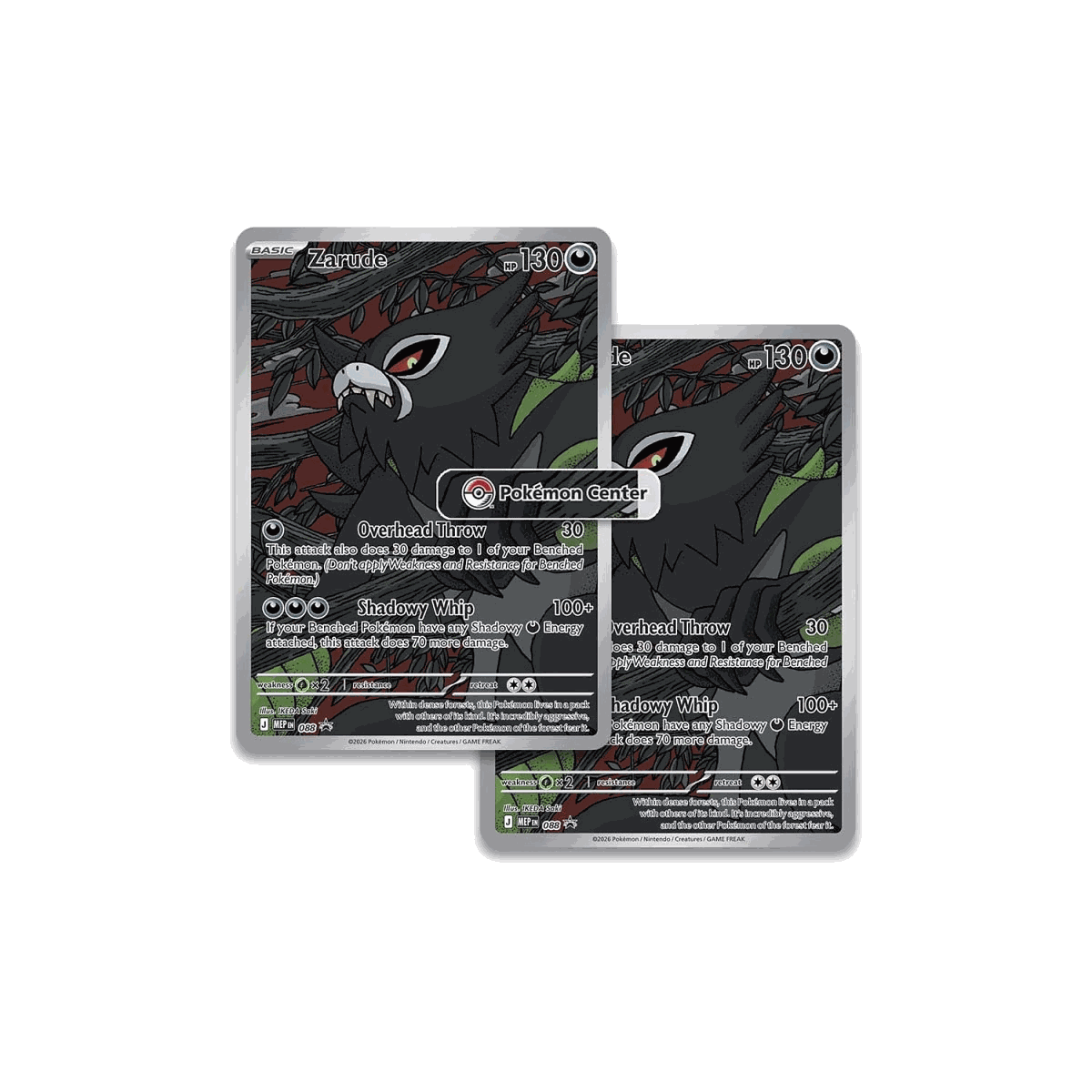 Two Zarude full-art foil promo cards from the Pitch Black Pokemon Center ETB one stamped with the Pokemon Center logo