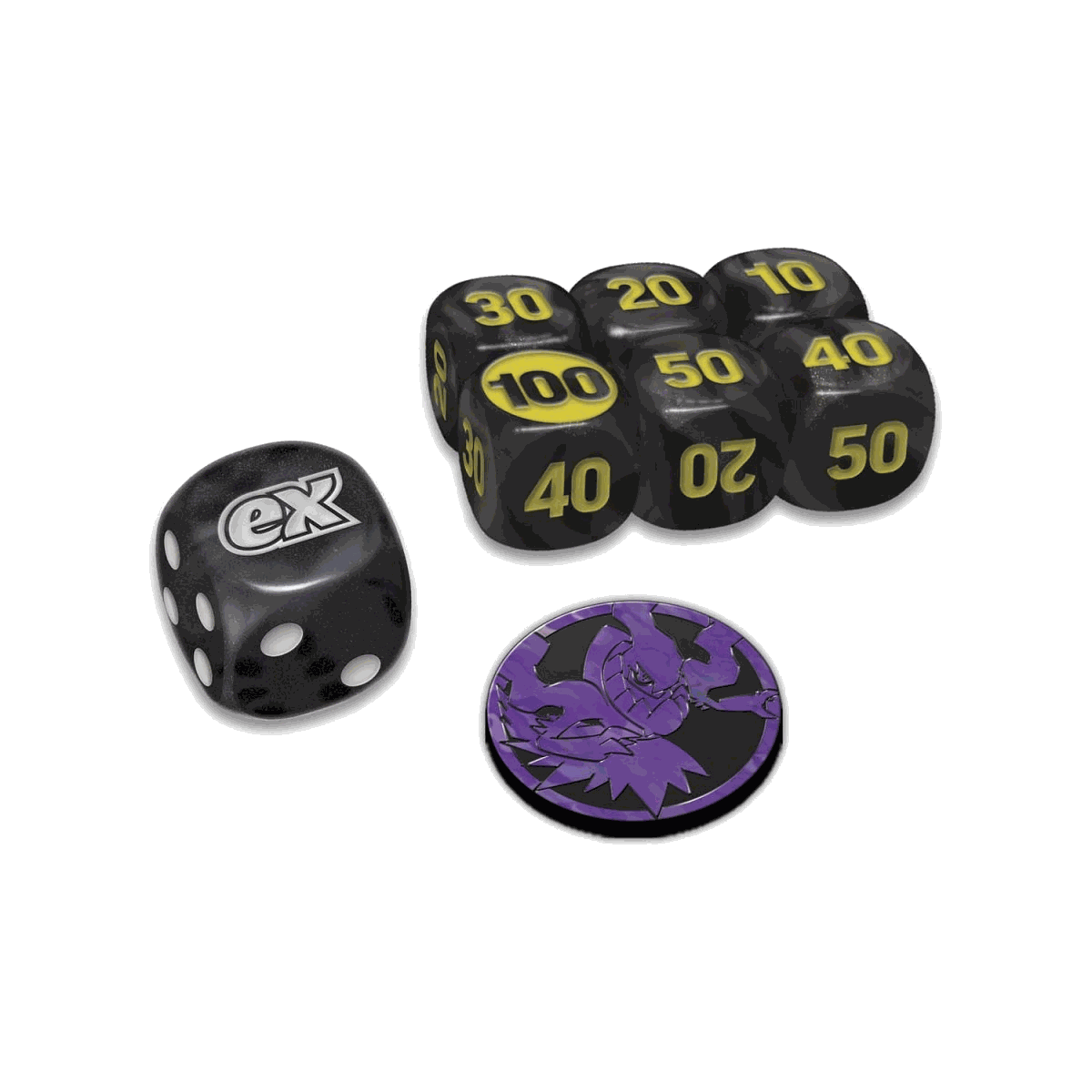 Pitch Black damage-counter dice ex coin-flip die and purple Mega Darkrai collectible coin