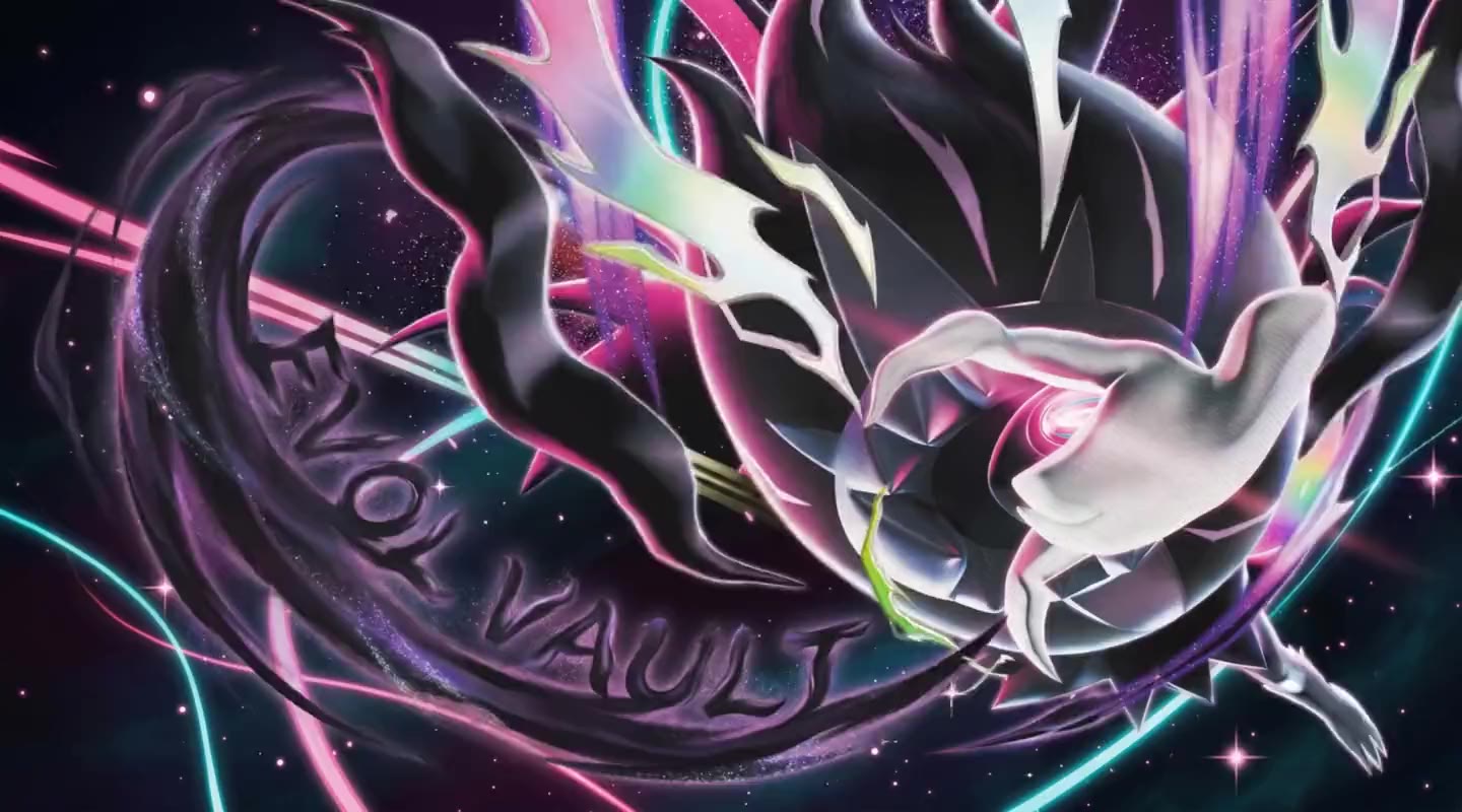 Mega Darkrai ex Pitch Black hero banner with Evol Vault wordmark