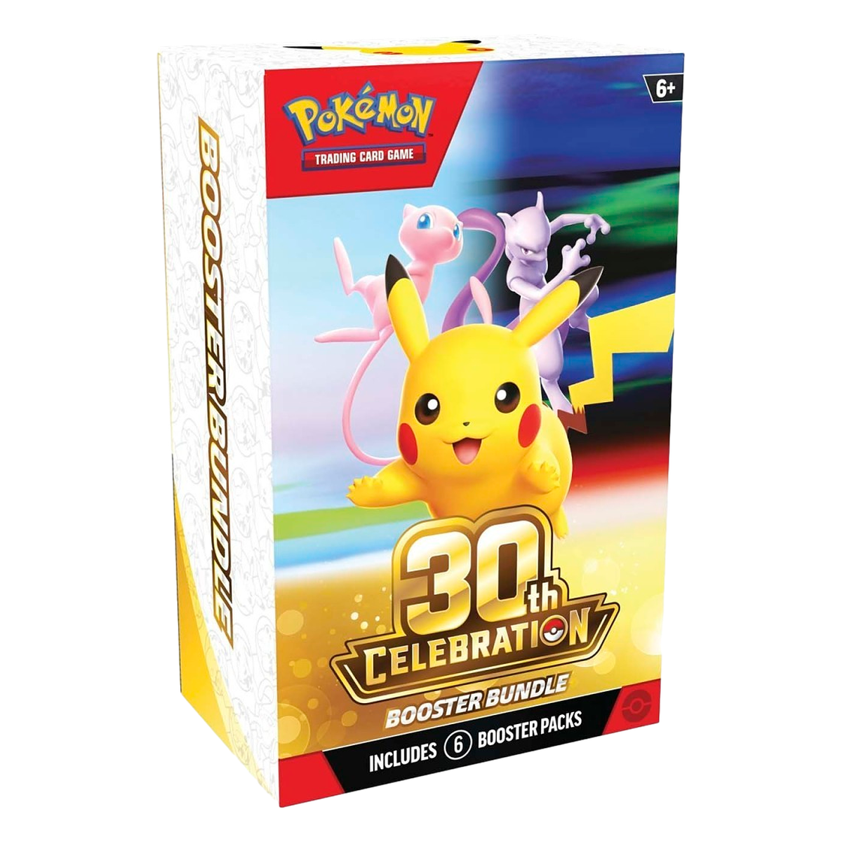Pokémon 30th Celebration Booster Bundle box with Pikachu, Mew and Mewtwo artwork, includes 6 booster packs