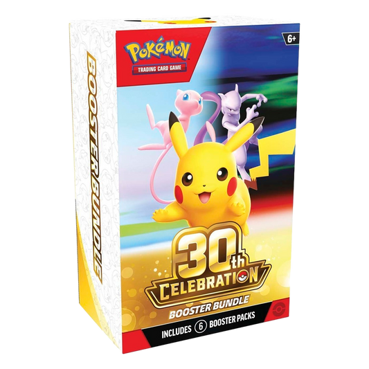 Pokémon 30th Celebration Booster Bundle box with Pikachu, Mew and Mewtwo artwork, includes 6 booster packs