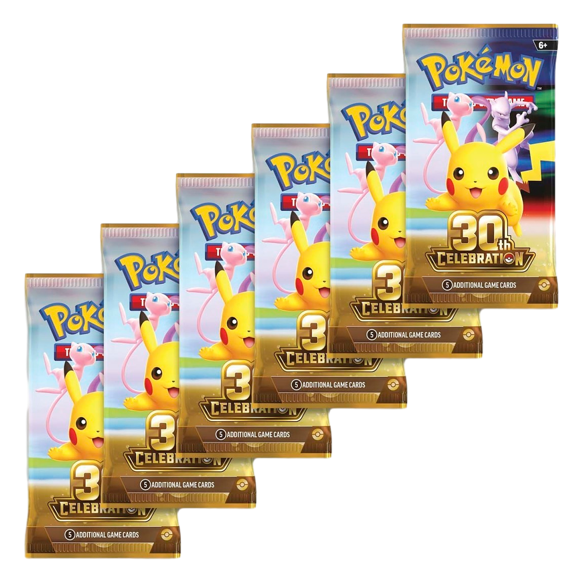 Six Pokémon 30th Celebration booster packs from the Booster Bundle, with Pikachu, Mew and Mewtwo artwork