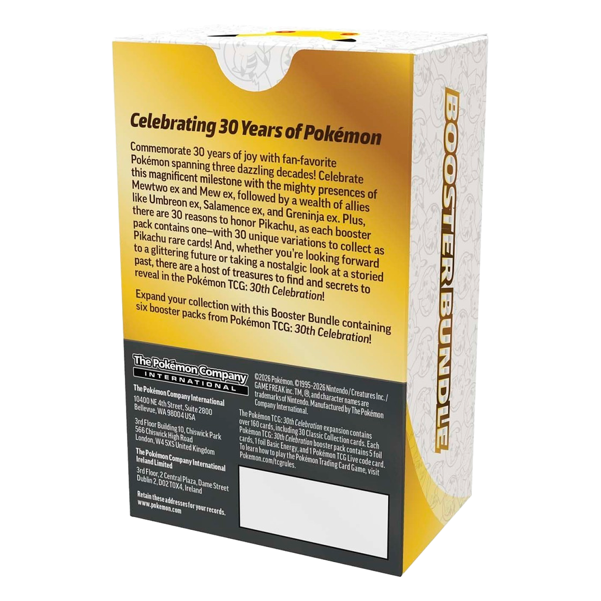 Back of the Pokémon 30th Celebration Booster Bundle box with the set description