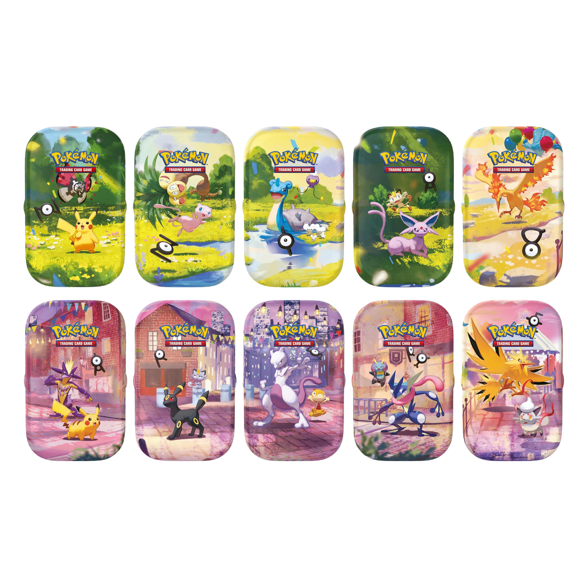 All ten Pokémon 30th Celebration Mini Tin designs, one of which is sent at random: Pikachu, Mew, Lapras, Espeon and Moltres in the day scene, Pikachu, Umbreon, Mewtwo, Greninja and Zapdos in the night scene