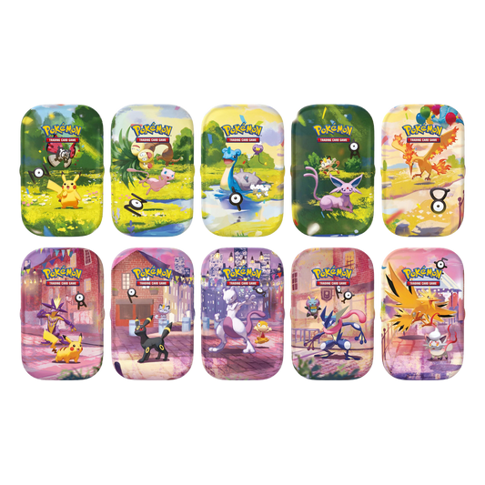All ten Pokémon 30th Celebration Mini Tin designs, one of which is sent at random: Pikachu, Mew, Lapras, Espeon and Moltres in the day scene, Pikachu, Umbreon, Mewtwo, Greninja and Zapdos in the night scene