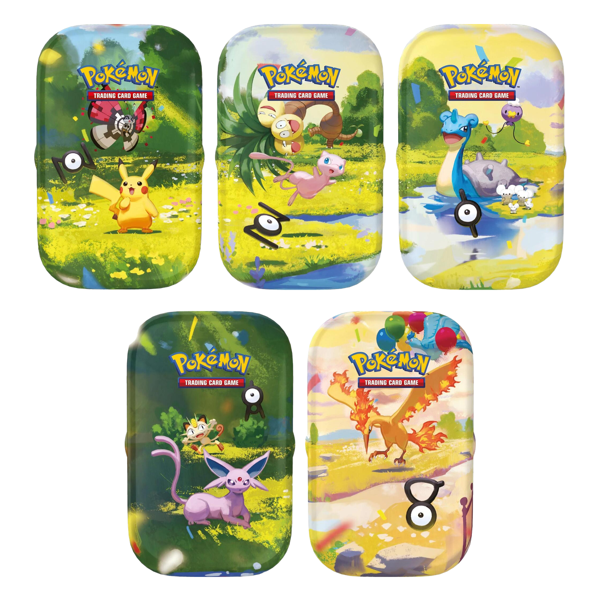 The five day-scene Pokémon 30th Celebration Mini Tins featuring Pikachu, Mew, Lapras, Espeon and Moltres