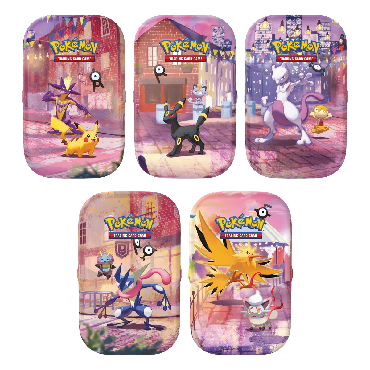 The five night-scene Pokémon 30th Celebration Mini Tins featuring Pikachu, Umbreon, Mewtwo, Greninja and Zapdos