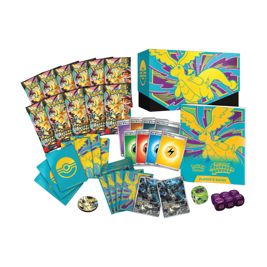 Pokemon Ascended Heroes ETB – full contents with booster packs, sleeves, promo cards, dice, and player's guide.