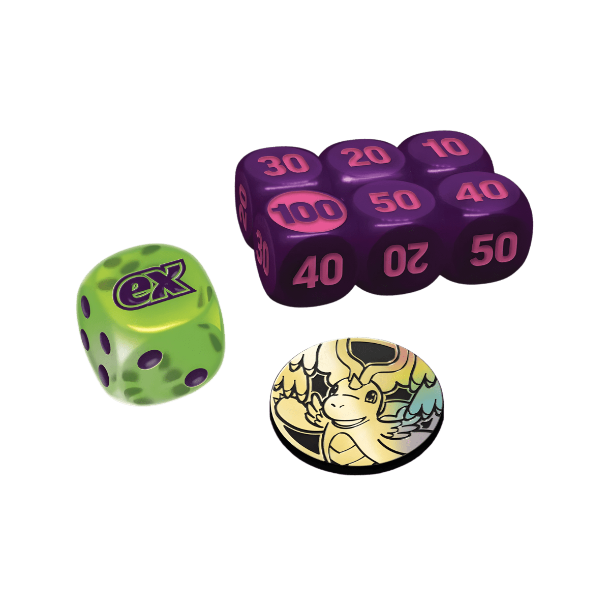 Pokemon Ascended Heroes ETB (Elite Trainer Box) – damage-counter dice, competition coin-flip die, exclusive Dragonite coin.