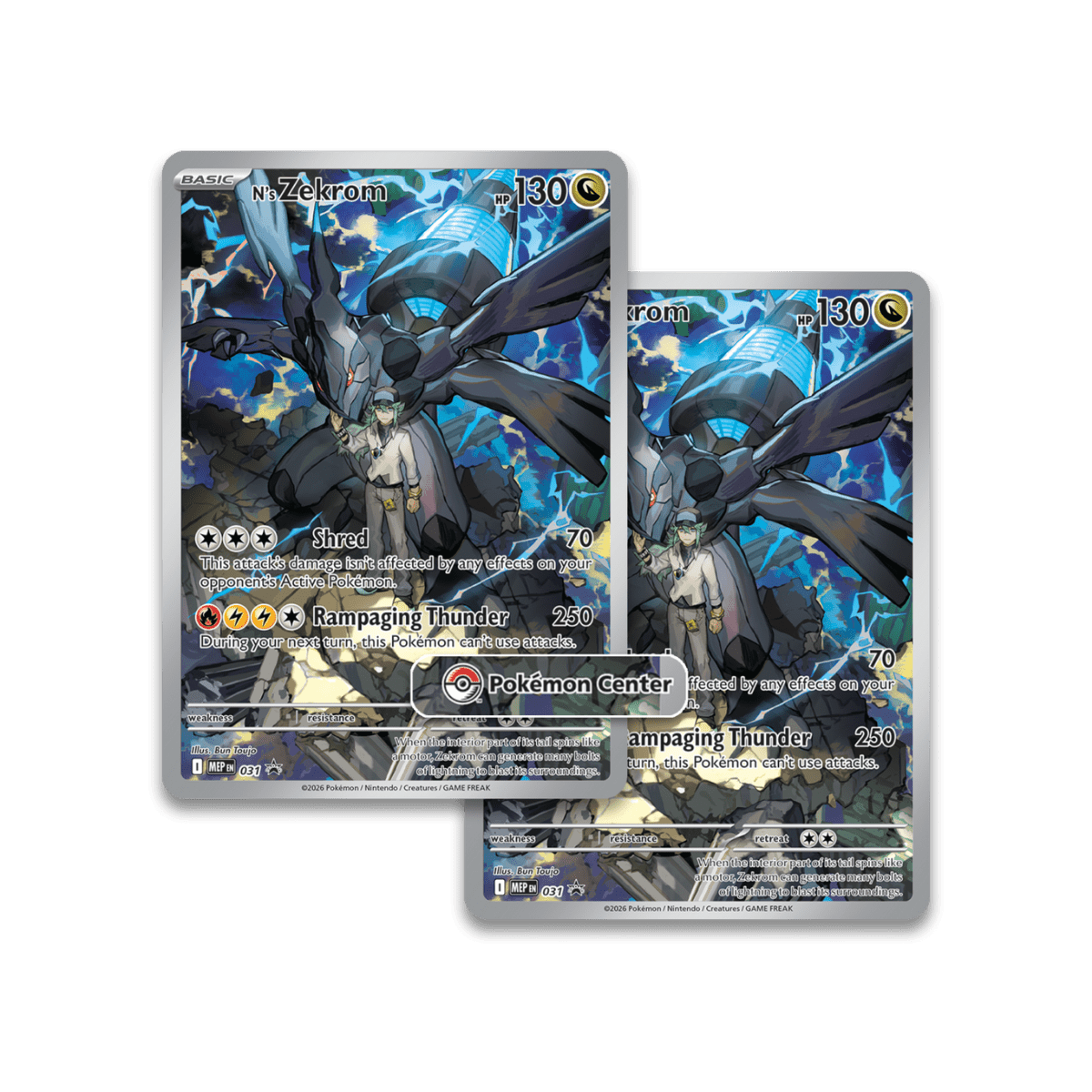 Pokemon Ascended Heroes ETB (Elite Trainer Box) – N's Zekrom full-art promo cards, Pokémon Center exclusive.
